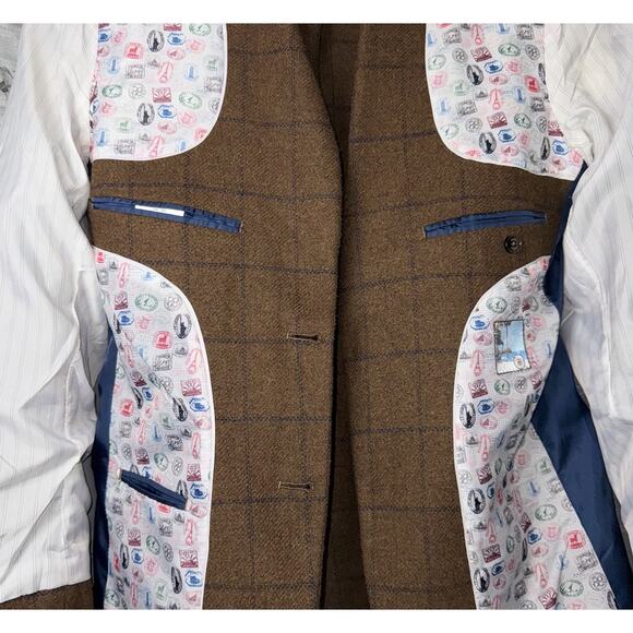 House of Cavani Wool Mix 38 Blazer Jacket Vest Waistcoat Brown Blue Plaid 2pc - Picture 6 of 13